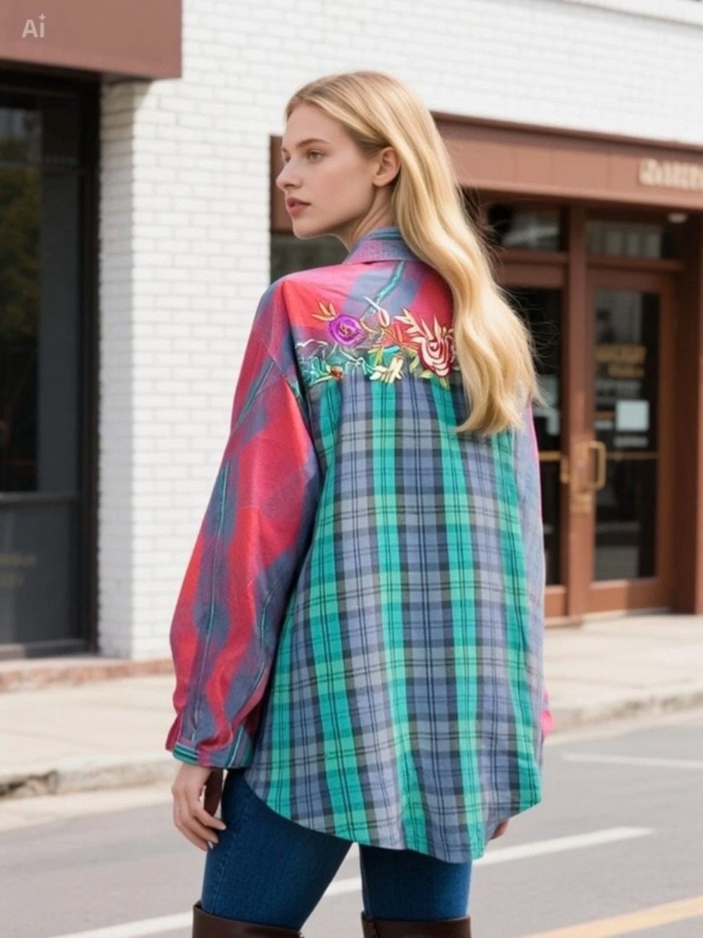 Vintage QPS Multicolor Plaid Embroidered Floral Flannel Shirt Boho 90s Womens XL